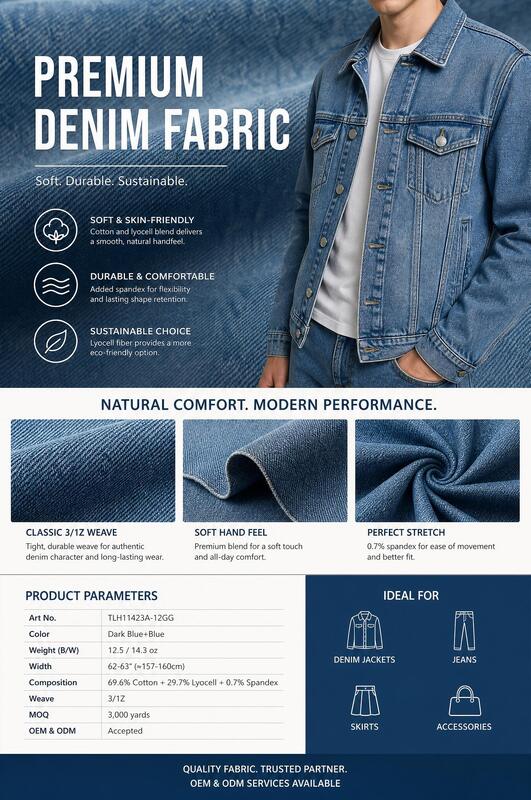 12.5 Dark Blue+Blue Cotton-Lyocell Stretch Denim for Premium Jeans & Casual Apparel