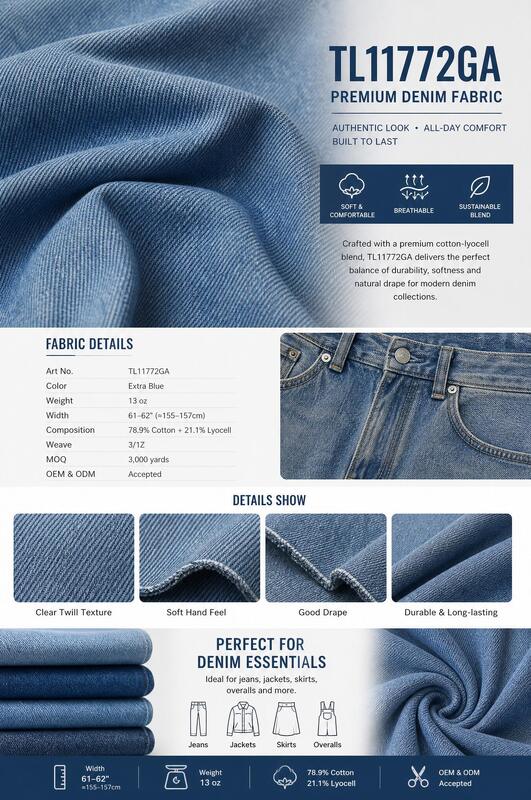 13oz Extra Blue Cotton-Lyocell Heavyweight Denim for Classic Jeans & Workwear Apparel