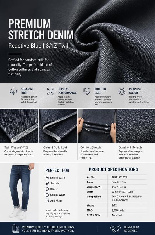 11.3/12.7oz Reactive Blue Cotton-Rich Stretch Denim for Daily Jeans & Casual Apparel