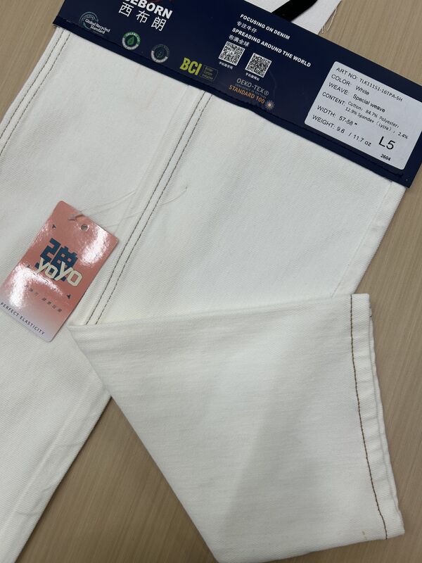 9.6oz High Cotton Lycra 4-Way Stretch Denim Fabric in White for Durable Shape Retention