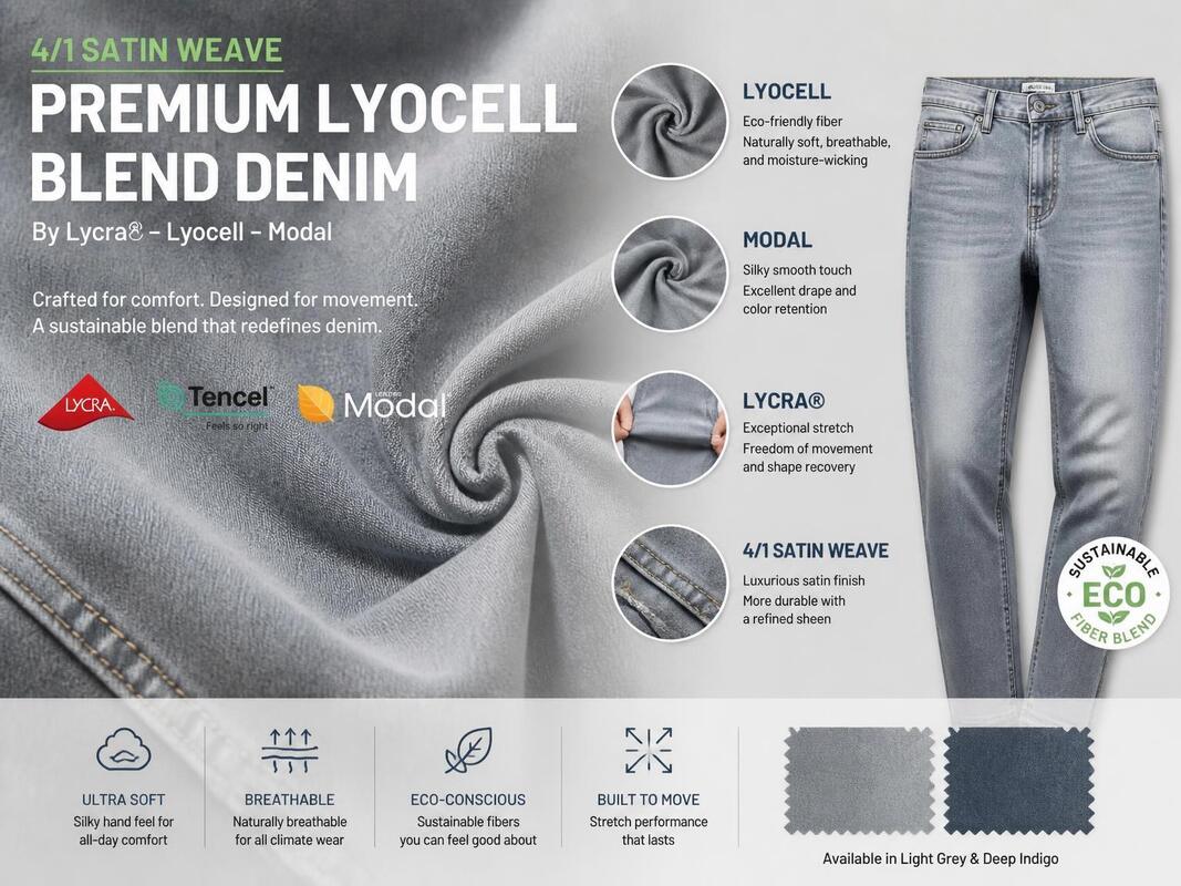 Grey 4/1 Satin Denim Fabric | TLK11479-5QT Stretch Grey Satin Denim With Lyocell, Modal & LYCRA