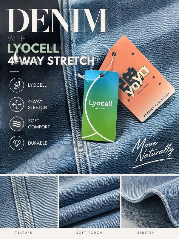 12.4oz Cotton Polyester Lyocell Lycra 4-Way Stretch Denim Fabric with Special Weave Texture in Deep Blue