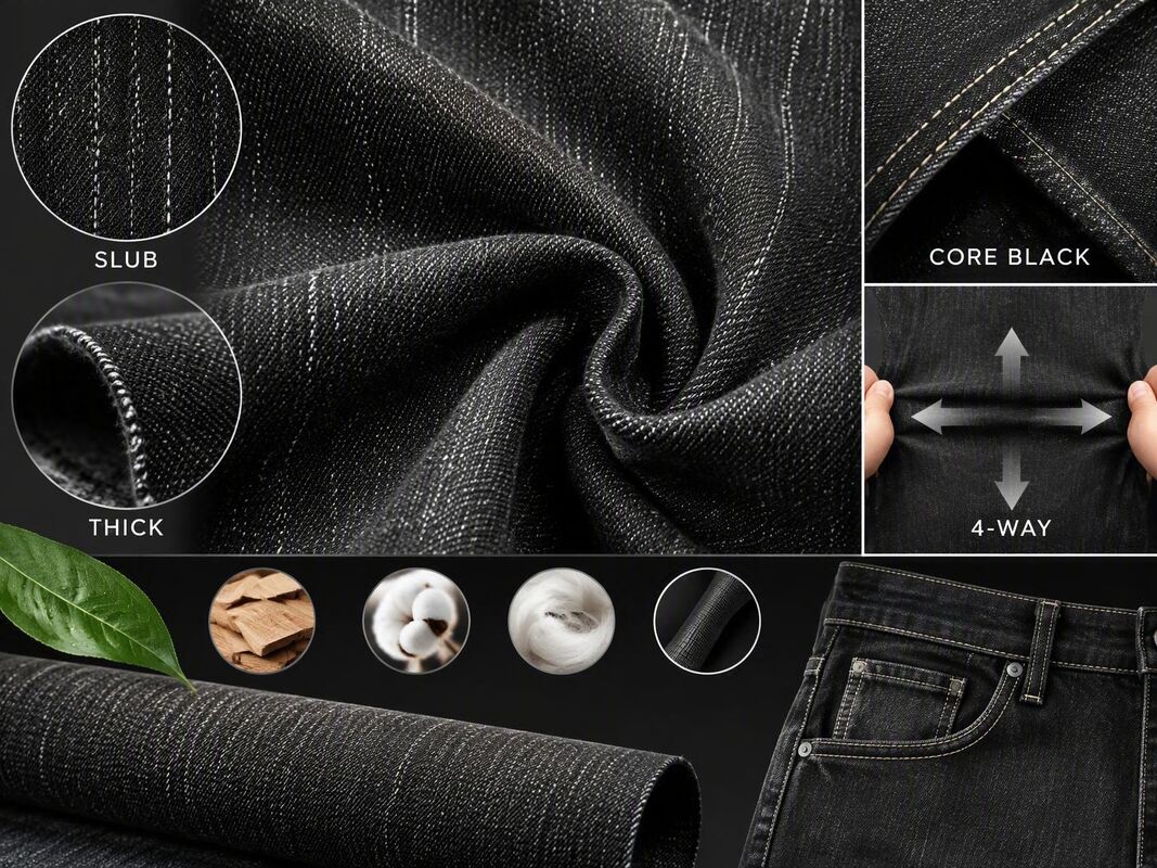 Core Black Special Weave 4-Way Stretch Vertical Slub Denim Fabric | TLK11660GG Core Black Denim With Rayon & LYCRA