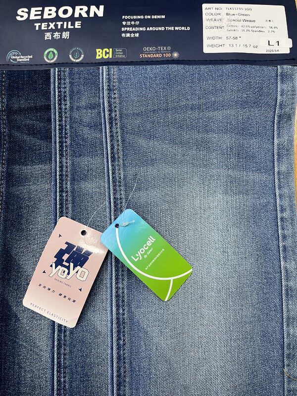 Blue+Green Special Weave 4-Way Stretch Vertical Slub Denim Fabric | TLK11235-1GG Vertical Slub Denim With Lyocell & LYCRA