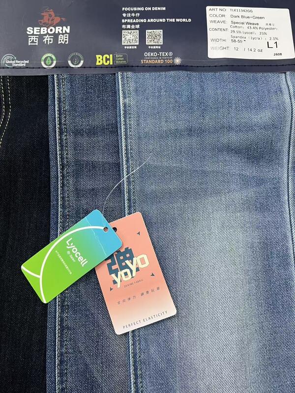 Dark Blue+Green 4-Way Stretch Vertical Slub Denim Fabric with 8S Warp Slub and 25% Lyocell Blend
