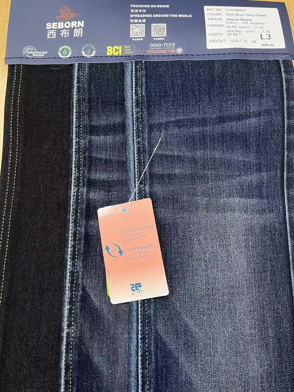 Dark Blue+Grey-Green 8S Warp Vertical Slub 4-Way Stretch Denim Fabric with Lyocell & LYCRA Blend