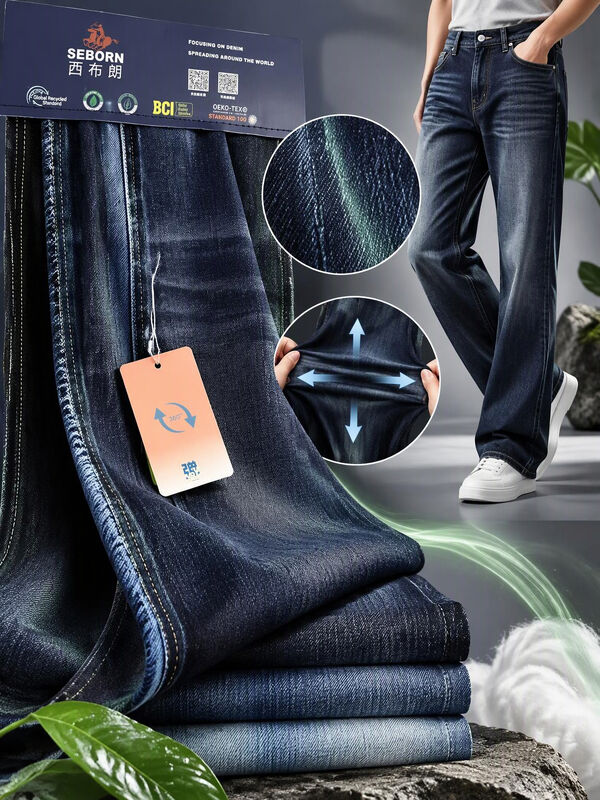 Dark Blue+Grey-Green 8S Warp Vertical Slub 4-Way Stretch Denim Fabric with Lyocell & LYCRA Blend