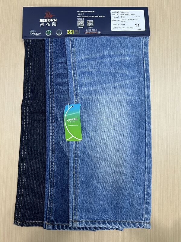 10.7oz Weight Cotton Lyocell Denim Fabric with 3/1 Twill Weave in Dark Blue+Yellow