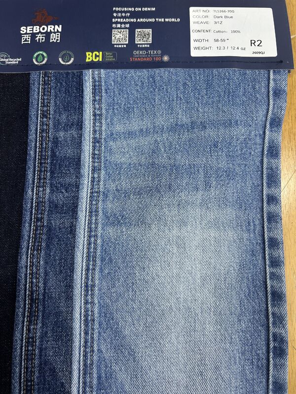 12.3oz Pre-wash Weight Cotton Denim Fabric with Vertical Slub Texture and BCI & OEKO-TEX Certification