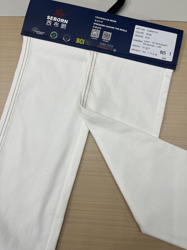 9.4oz White Vertical Slub Medium High Stretch Denim Fabric | 4 Way Stretch Denim