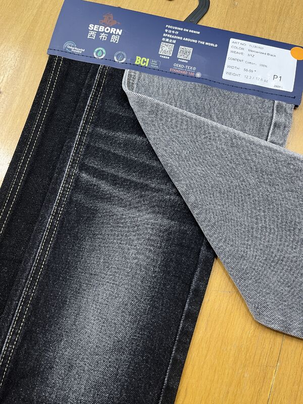 Mercerized Black 12.3oz 3/1Z Twill Heavyweight Denim Fabric | 100% Cotton BCI OEKO-TEX Certified
