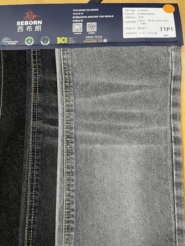 10.2oz Sulphur Black Rigid Denim Fabric with 3/1Z Right-hand Twill and BCI & OEKO-TEX Certification
