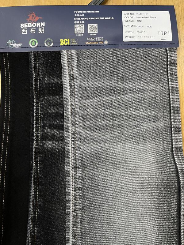 12.3oz Mercerized Black Heavy Denim Fabric with 7S×7S Yarn Count for Premium Apparel