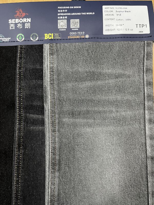 12.6oz Sulphur Black Heavy Denim Fabric - 100% Cotton BCI & OEKO-TEX Certified for Premium Apparel